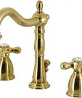 Brushed Brass Widespread Bathroom Faucet With 8 Inch To 16 Inch Spread, Deck Mount 3 Hole Install, Solid Brass Construction, 1.2 GPM Flow At 60 PSI, Sleek Dope Upgrade For Your Bath, Model KB1977AX, showing faucet and two handles.