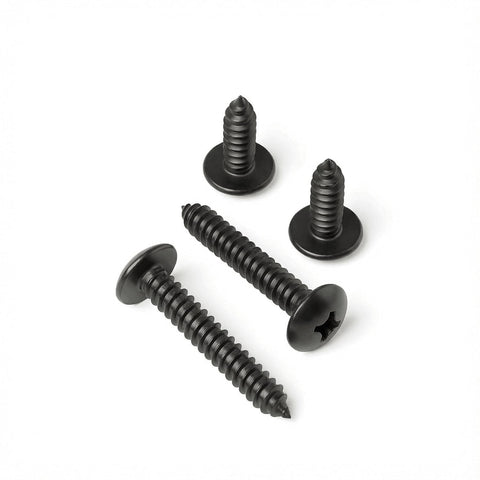 Heavy Duty Truss Head Screws In A 20 Pack Size 12 By 2 Inches Of Premium 304 Stainless Steel With A Tough Black Oxide Coating and Phillips Drive showing four black coated screws.