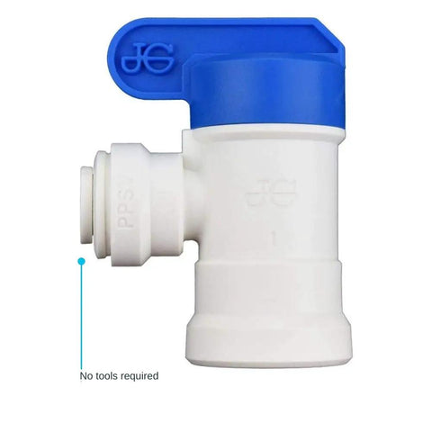 Quarter Inch Female Elbow Shut Off Valve With NPTF Thread Push To Connect Plastic Plumbing Fitting, white and blue, side view
