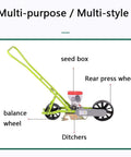 Metal Precision Garden Push Seeder With Five Row Simultaneous Seeding diagram showing seed box, balance wheel, rear press wheel, and ditchers.