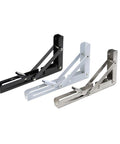 Foldable Triangular Stainless Steel Wall Shelf Brackets Set Of 2 For Adjustable Table Support in black, white, and silver colors.