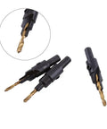 Premium HSS Coated Chamfer Drill Bit Set Packed With Five Countersink Assortments, close-up view of drill bits with quarter inch round shank.