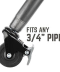 Close-up of swivel caster wheel fitting 3/4 inch pipe, showing durable metal and rubber construction with lock mechanism for mobility.