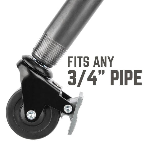 Close-up of swivel caster wheel fitting 3/4 inch pipe, showing durable metal and rubber construction with lock mechanism for mobility.