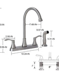 Sleek Brushed Nickel Kitchen Faucet Featuring Pull Out Side Spray Smooth Twist Valves Rock Solid Stainless Steel Core Lead Free Cartridges No Sweat Four Hole Mount For Stress Free Meal Prep with measurements on a white background.