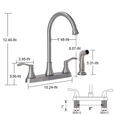 Sleek Brushed Nickel Kitchen Faucet Featuring Pull Out Side Spray Smooth Twist Valves Rock Solid Stainless Steel Core Lead Free Cartridges No Sweat Four Hole Mount For Stress Free Meal Prep with measurements on a white background.