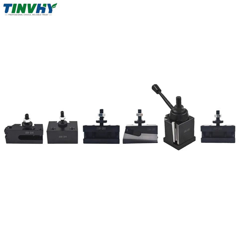 Wedge Type Quick Change Tool Post Set 250-222 for mini lathe, showing durable steel construction and components lineup against a white background.
