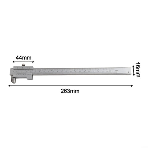 Beefy 200mm Metal Scriber Calipers Marking Gauge with carbide tip, stainless steel body, dual scale; full side view.