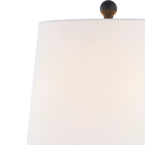 Top view of lamp with white shade from Traditional Black 3 Piece Lamp Set With White Fabric Shades Table Lamps And Floor Lamp Trio Perfect For Living Room Bedroom Study Includes Two 26.5 Inch Lamps And One 57.5 Inch Floor Lamp 100W E26 Compatible, focusing on the shade's texture and finial.