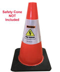 Heavy Duty Reflective Safety Cone Collar Kit For Electric Vehicle Repair Warnings High Voltage Ev Battery Hazard Alerts And Garage Shop Essentials 3 Pack displayed on a bright orange safety cone, warning alert visible.