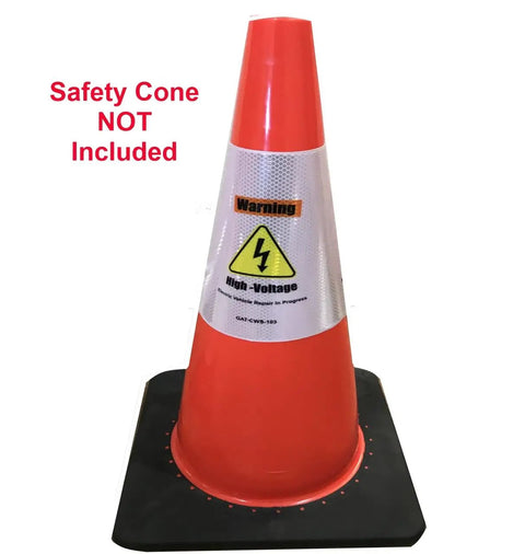 Heavy Duty Reflective Safety Cone Collar Kit For Electric Vehicle Repair Warnings High Voltage Ev Battery Hazard Alerts And Garage Shop Essentials 3 Pack displayed on a bright orange safety cone, warning alert visible.