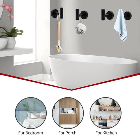 Dope Matte Black 5 Piece Bathroom Hardware Set with towel bar, ring, toilet paper holder, and robe hooks in a modern bathroom.