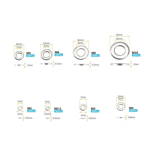 Heavy Duty Stainless Steel Spring Washer Assortment Kit With 360 Rust Resistant Flat Washers, various sizes shown, categorized for easy organization.