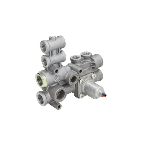 Electronic Brake Control Module And Pneumatic Extension Module Pem Replacement For Heavy Duty Trucks And Commercial Rigs Direct Fit OEM Quality Spare Part For Air Brake Systems, metal components with multiple connectors.