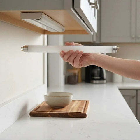 Person holding F8T5 Under Cabinet Fluorescent Bulbs 12 Inch 8W Tube Light Cool White 4100K Pack of 6 in a kitchen setting