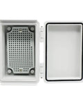 Open view of grey waterproof outdoor junction box with hinged cover, PVC enclosure, and mounting plate, IP67 rated, 5.9x3.9x2.8 inches.