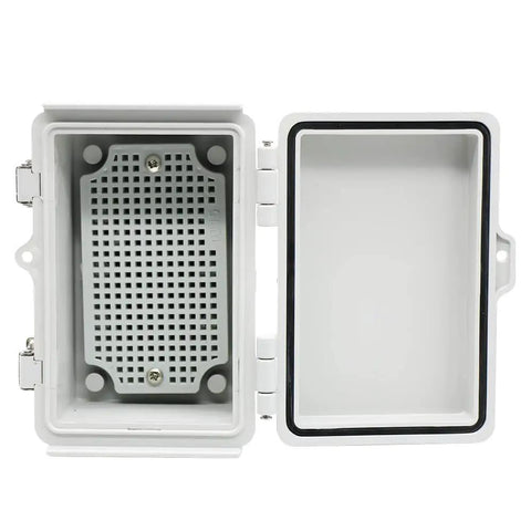 Open view of grey waterproof outdoor junction box with hinged cover, PVC enclosure, and mounting plate, IP67 rated, 5.9x3.9x2.8 inches.