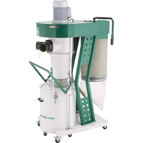 Gamechanger 1 2 Hp Portable Cyclone Dust Collector on wheels with a sealed motor for fine dust removal in workshops.