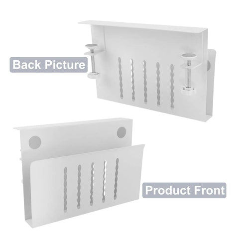 Clamp On White Steel Laptop Stand With Ventilated Cooling Fan And Sleek Cable Routing For Under Desk Mount Quick No Drill Installation back and front view