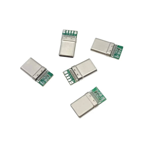 USB Type C PD 20W Plug And Receptacle PCB Board Adapter For Soldering Wire And Cable High Current Support 5 Pin Male Receptacle Pack Of 20 Pieces For DIY Projects, showing five silver adapters on a white background.