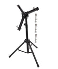 Road Ready Adjustable Snare Drum Stand With Foldable Tripod Base Black Alloy Practice Rack, showcasing adjustable tripod arms.
