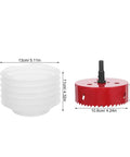 Bi Metal Hole Saw Kit For Four And A Quarter Inch With Drill Bit And Dust Cover, featuring red saw blade and transparent dust cover.