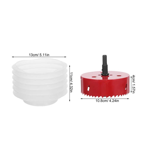 Bi Metal Hole Saw Kit For Four And A Quarter Inch With Drill Bit And Dust Cover, featuring red saw blade and transparent dust cover.