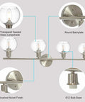 Four Light Vanity Lighting Fixture With Globe Seeded Glass Shades In Brushed Nickel Finish, E12 Base, Over Mirror View