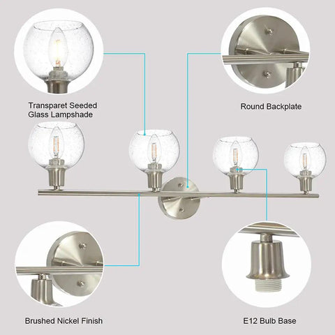 Four Light Vanity Lighting Fixture With Globe Seeded Glass Shades In Brushed Nickel Finish, E12 Base, Over Mirror View