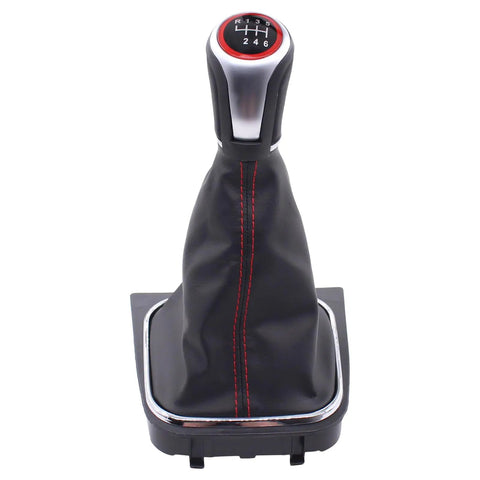Black Leather Gear Shifter Knob Boot Cover With Red Stitching For Volkswagen Jetta 2006-2014 GTI 2006-2013 Golf 2004-2013 R32 2004-2008 GLI 2010 6 Speed Manual Shift Knob With Bracket Base Assembly front view