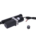 12V electric linear actuator with hydraulic motor, black cylindrical body, mounting bracket, and two-wire power lead.