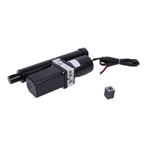 12V electric linear actuator with hydraulic motor, black cylindrical body, mounting bracket, and two-wire power lead.