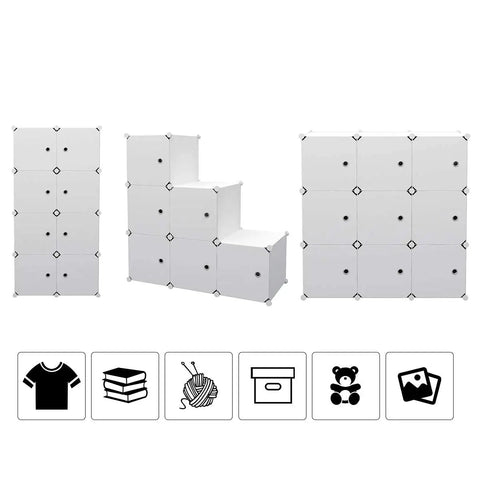 Massive 16 Cube Storage Organizer With Doors In White for Closet Living Room or Office, three modular configurations shown