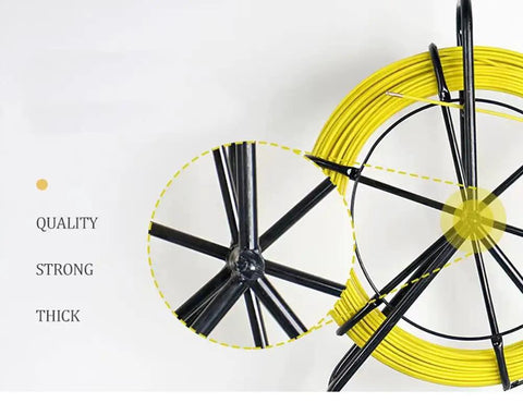 Close-up of Fiberglass Fish Tape Wire Cable Puller Rod Duct Rodder 6mm 328ft with steel bracket, highlighting its quality and strength.