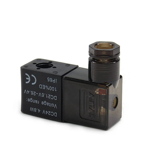 Close-up of a 2 Pack DC 24V Pneumatic Solenoid Valve Coil Replacement For Electric Solenoid Air Valve Copper Coil Plug Connector.