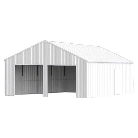 Tough As Nails Heavy Gauge Metal Garage Barn Shed With Reinforced Steel Frame For Rv Pickup Truck Atvs Boat Lawn Mower Garden Tools And Backyard Storage Setup, 33x25 ft, white exterior, double wide doors.