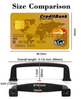 Size comparison of 10 Pack Three And A Half Inch Oil Rubbed Bronze Cabinet Pulls with a credit card, showing dimensions.