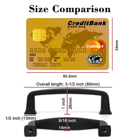 Size comparison of 10 Pack Three And A Half Inch Oil Rubbed Bronze Cabinet Pulls with a credit card, showing dimensions.