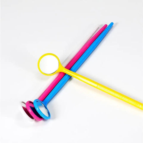 100 Count Disposable Dental Mouth Mirrors Kit, Anti Fog, Individually Wrapped Oral Inspection Mirrors In 4 Assorted Colors, Perfect For Dental Clinics Or Home Care, Hygienic And Easy To Use. Disposable plastic dental mouth mirrors in yellow, pink, and blue