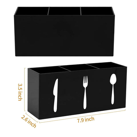 3 Compartment Plastic Utensil Organizer Silverware Caddy For Countertop Black Acrylic Kitchen Storage with cutlery icons
