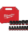 Heavy Duty 14 Piece Metric Impact Socket Set With 1/2 Inch Drive And Black Phosphate Finish in red case, showing various socket sizes.
