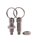 Built Tough Premium Galvanized Steel Spring Plunger Pin With Knurled Pull Ring For Smooth Rotary Indexing And Adjustable Depth Locking Grip Screw Heavy Duty Shopside Hardware M16 By 10mm 1 Pcs with two pins and a nut.