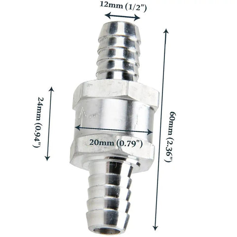 12mm Half Inch Fuel Non Return One Way Check Valve For Gas Diesel Oil Water Lines Beefy Aluminum Alloy Construction Durable Automotive Replacement Valve With 12 Month Warranty shown with measurements