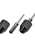 Two-Piece Keyless Mini Jaw Drill Chuck Collet Adapter for 0.3-3.4mm Bits, Quick-Change Converter With 2.35mm Round Shank displayed