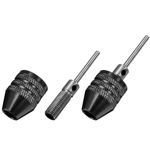 Two-Piece Keyless Mini Jaw Drill Chuck Collet Adapter for 0.3-3.4mm Bits, Quick-Change Converter With 2.35mm Round Shank displayed