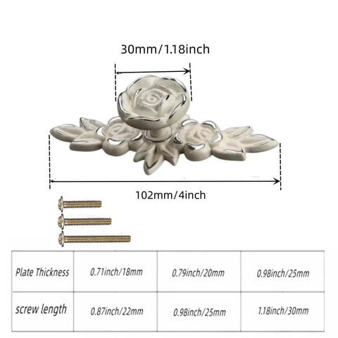 Dimensions and hardware of 3D Rose Cabinet Knobs With Backplates, 4 Pack, Vintage Shabby Chic Zinc Alloy Drawer Handles, Ivory White With Silver Edge