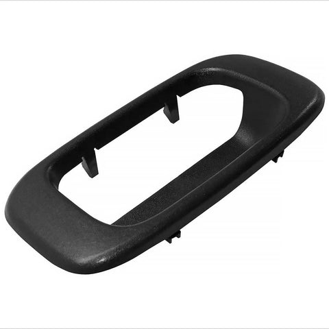 Black textured plastic tailgate handle bezel cover for 1999–2007 Silverado/Sierra; rear exterior, side view