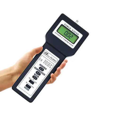 Digital Force Gauge Pro Grade 20Kg Range for Tension and Compression Spring Testing, Push Pull Meter With Peak Hold, High Accuracy and Resolution, Three Display Units, Includes Factory Calibration Certificate, Model FG20KG hand-held digital force gauge with green display