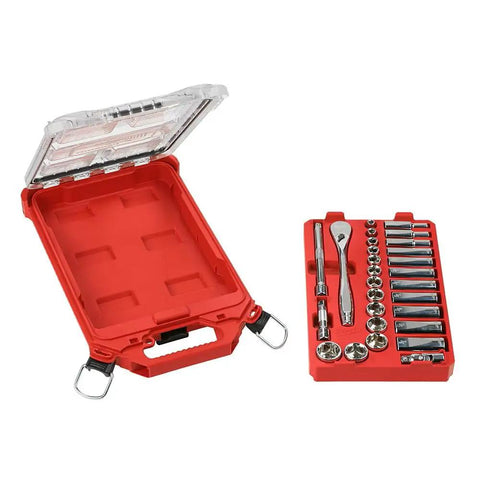 3 Eighth Inch Drive SAE Ratchet And Socket Tool Set With Packout Case 28 Piece 90 Tooth Ratchet 4 Degree Swing For Tight Spaces