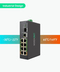 8 Port PoE and EOC Hybrid Switch With 4 EOC Transmitters shown from side angle, indicating operating temperature range for IP Camera upgrade.